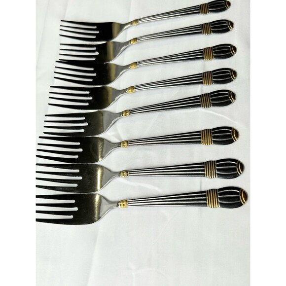 Stainless Steel Dinner Forks Ribbed Handle Gold Accent Set of 8 Modern Timeless - Picture 6 of 7